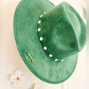 Custom Made Hunter Green Suede Hat with Gold & Pearl Details